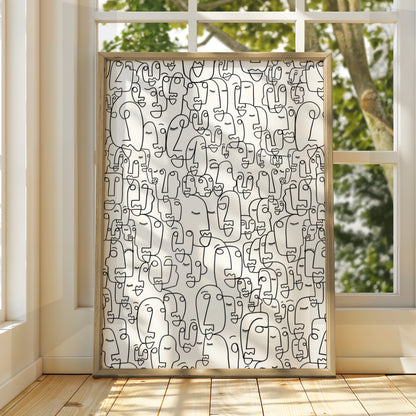 Abstract Faces Line Art, Monochrome Wall Art, Modern Black and White Poster, Gallery Wall Print