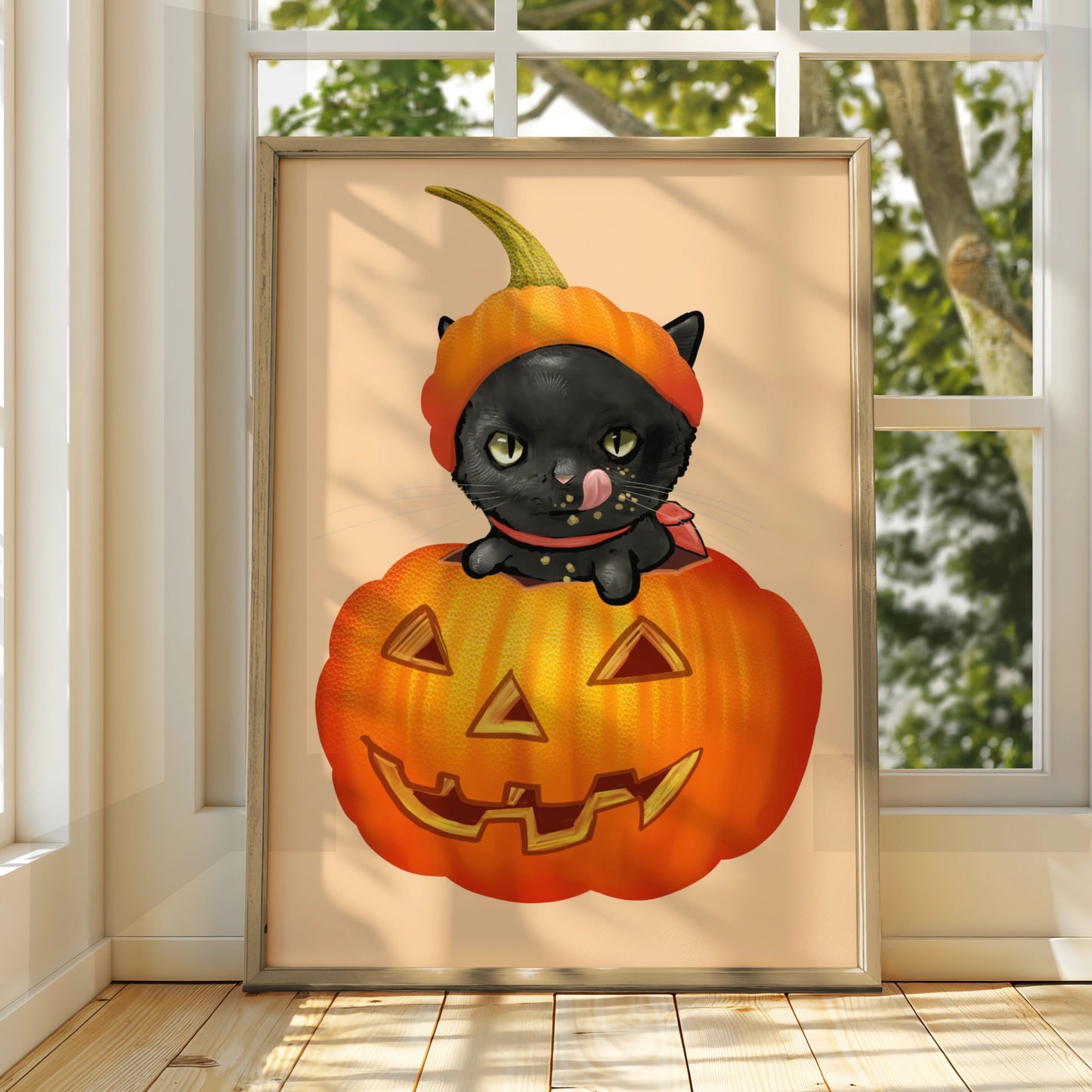 Halloween Black Cat Pumpkin Poster, Jack O Lantern Cat Wall Art Print