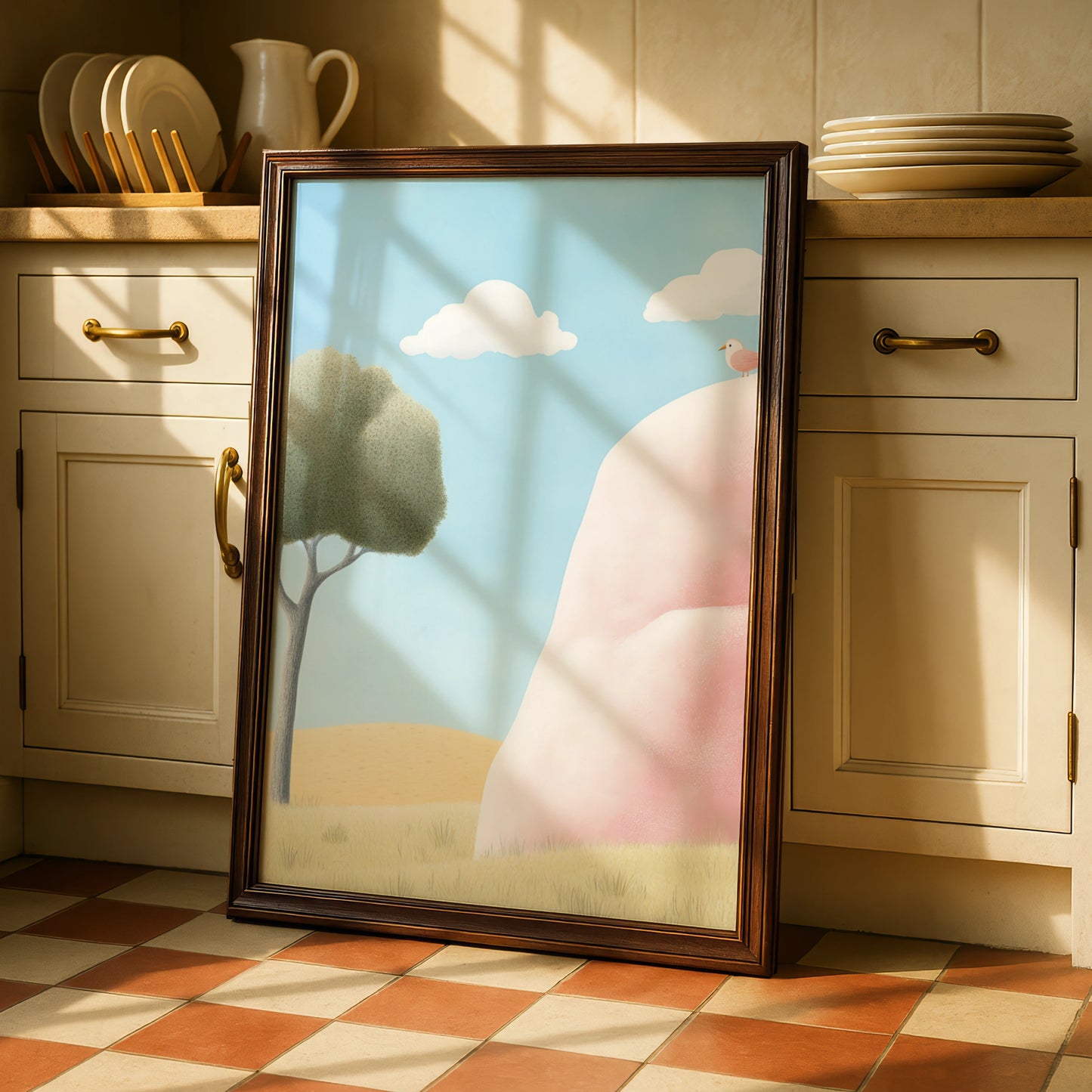 Nursery Wall Art Pink Hill Bird Print, Cute Children's Poster, Pastel Sky Nature