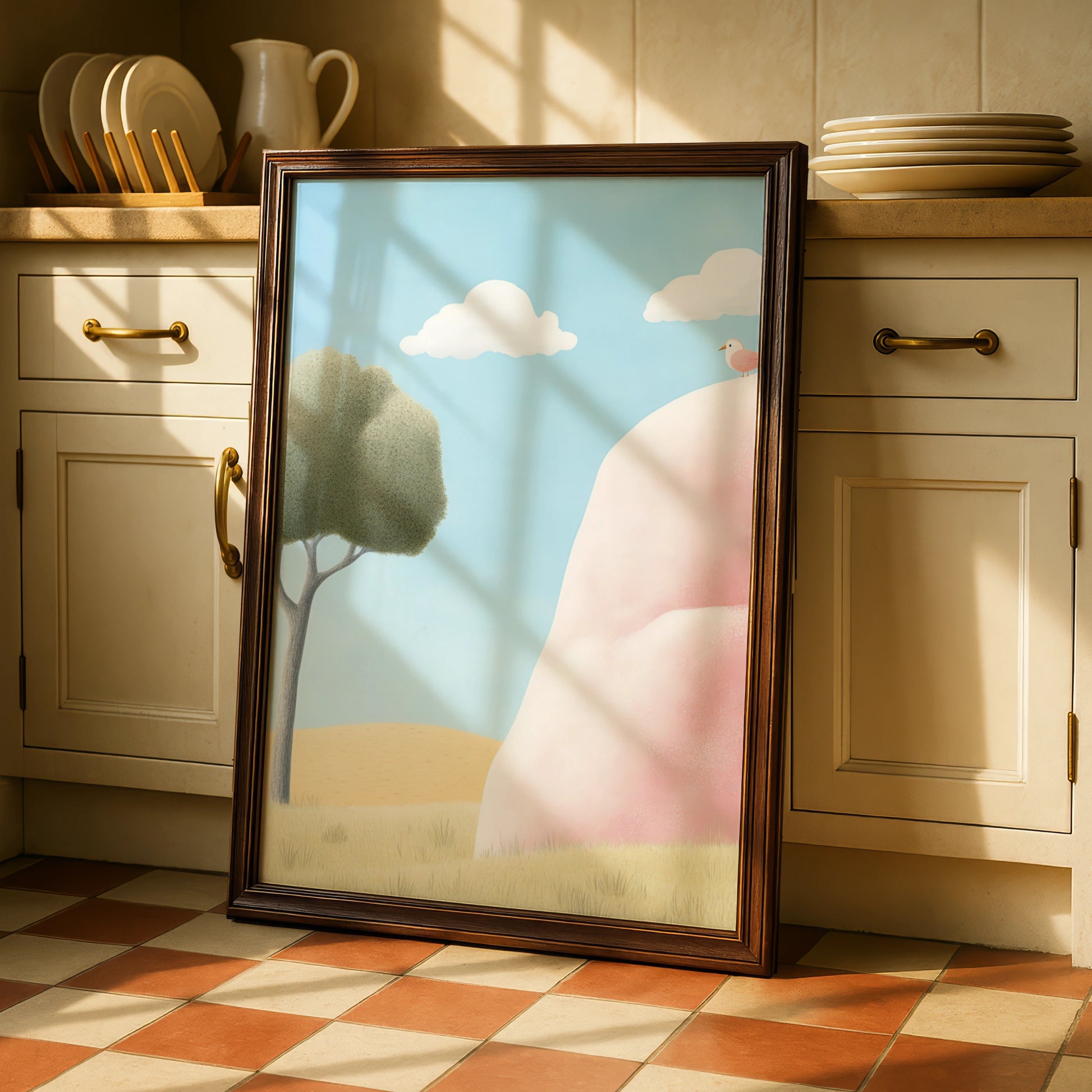 Nursery Wall Art Pink Hill Bird Print, Cute Children's Poster, Pastel Sky Nature