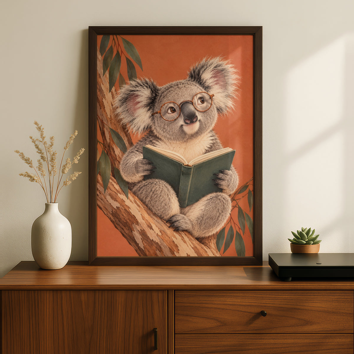 Koala Reading Book Print, Australian Wildlife Wall Art, Cute Animal Poster, Kids Room Decor
