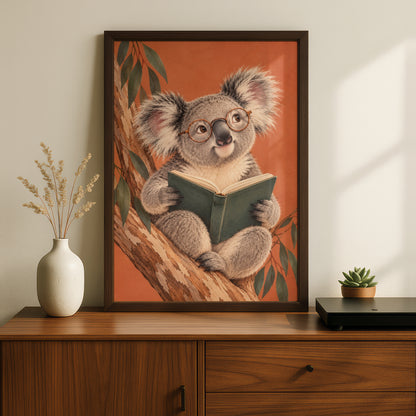 Koala Reading Book Print, Australian Wildlife Wall Art, Cute Animal Poster, Kids Room Decor