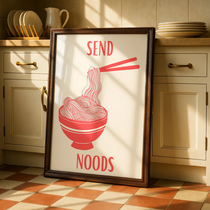 Send Noods Ramen Poster, Funny Noodle Bowl Wall Art, Bold Red Kitchen Print