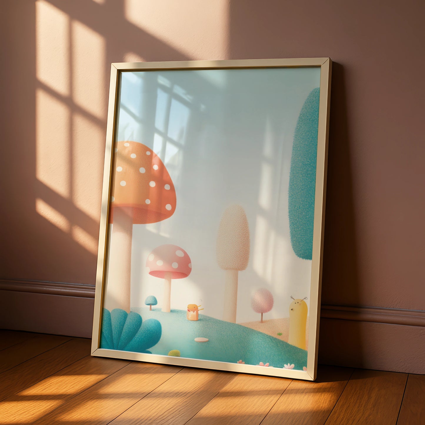 Mushroom Nursery Wall Art, Whimsical Forest Print, Pastel Kids Room Poster, Baby Decor