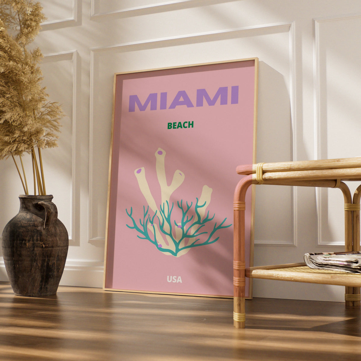 Miami Beach Travel Poster, Florida USA Wall Art, Retro Coral Print, Pink Coastal Decor