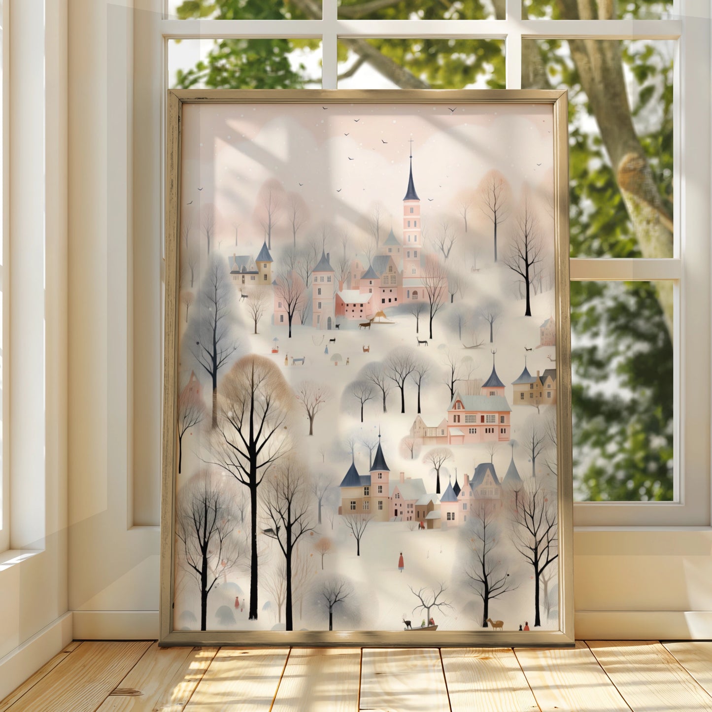 Christmas Village Poster, Snowy Winter Town Wall Art, Pastel Pink Festive Print, Whimsical Holiday