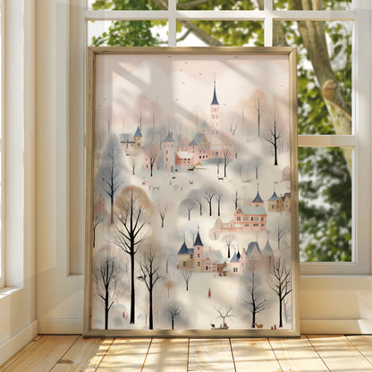 Christmas Village Poster, Snowy Winter Town Wall Art, Pastel Pink Festive Print, Whimsical Holiday
