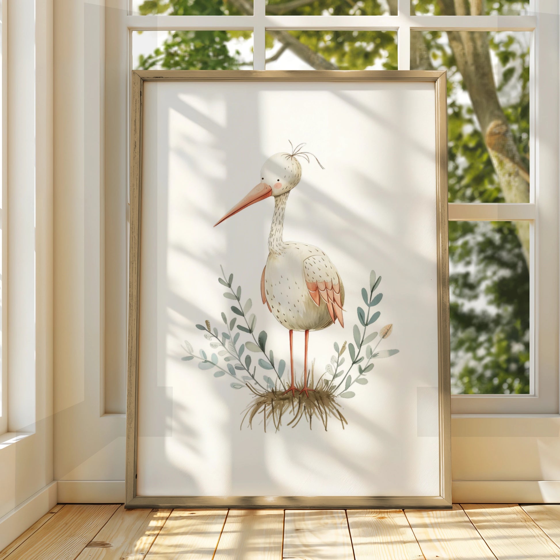 Stork Nursery Wall Art, Cute Bird Print, Baby Room Poster, Boho Neutral Decor