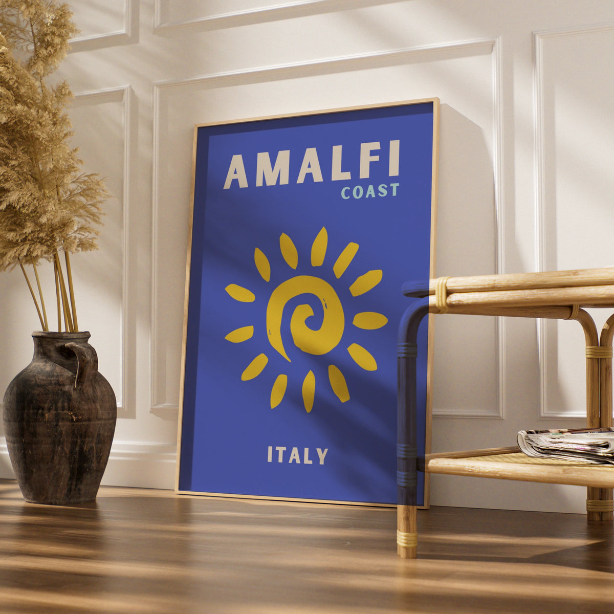 Amalfi Coast Italy Travel Poster, Retro Sun Wall Art, Italian Coastal Print