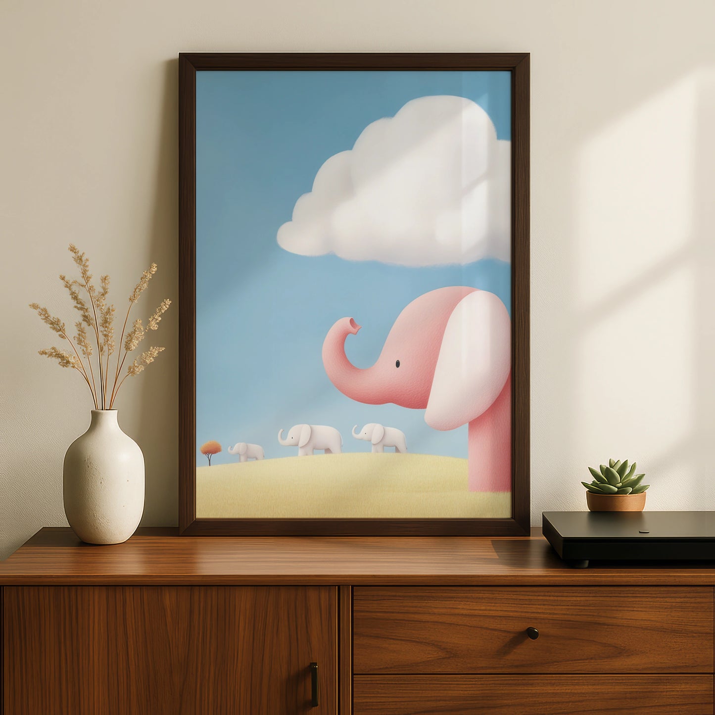 Pink Elephant Nursery Wall Art, Cute Baby Elephant Poster, Children's Room Print, Soft Pastel