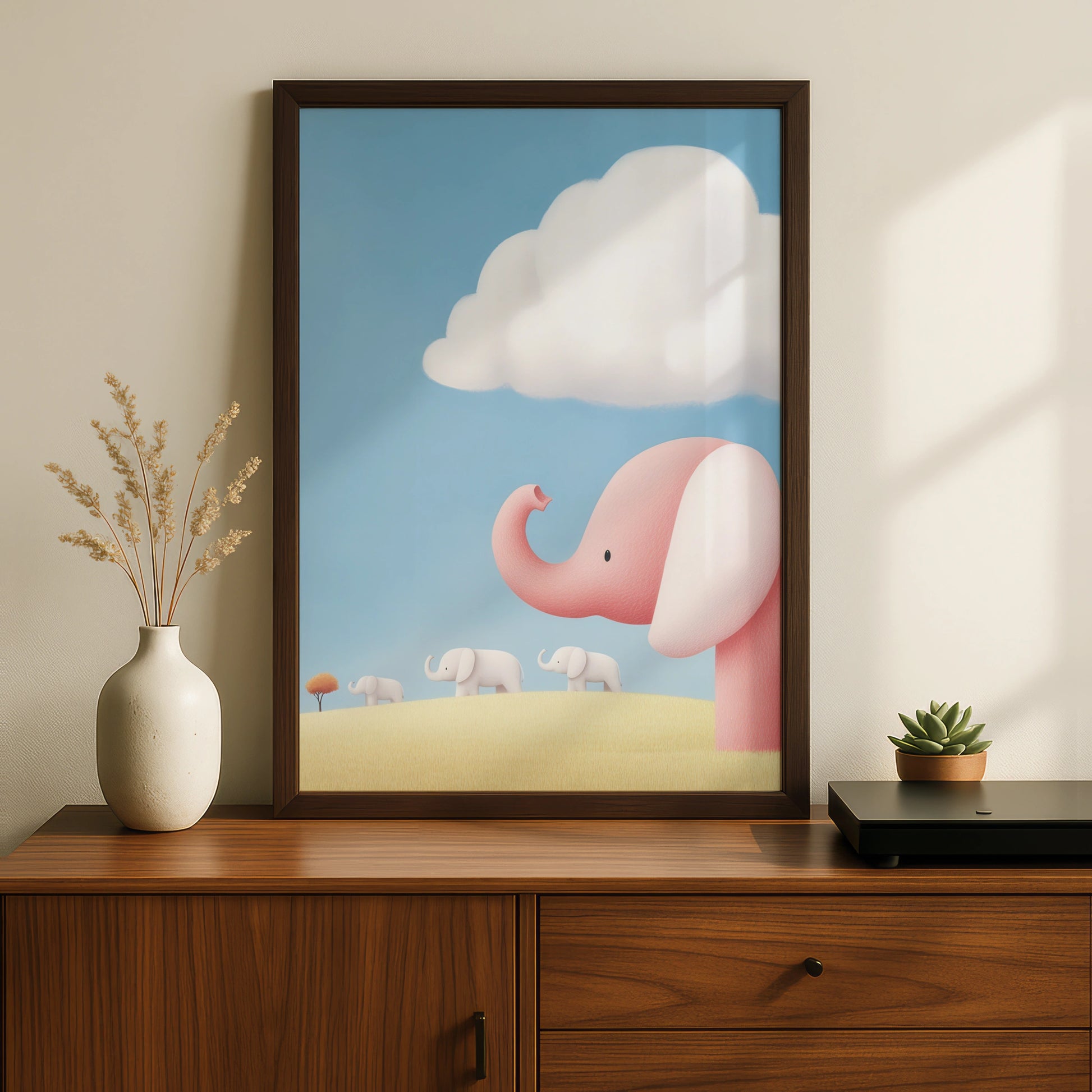 Pink Elephant Nursery Wall Art, Cute Baby Elephant Poster, Children's Room Print, Soft Pastel