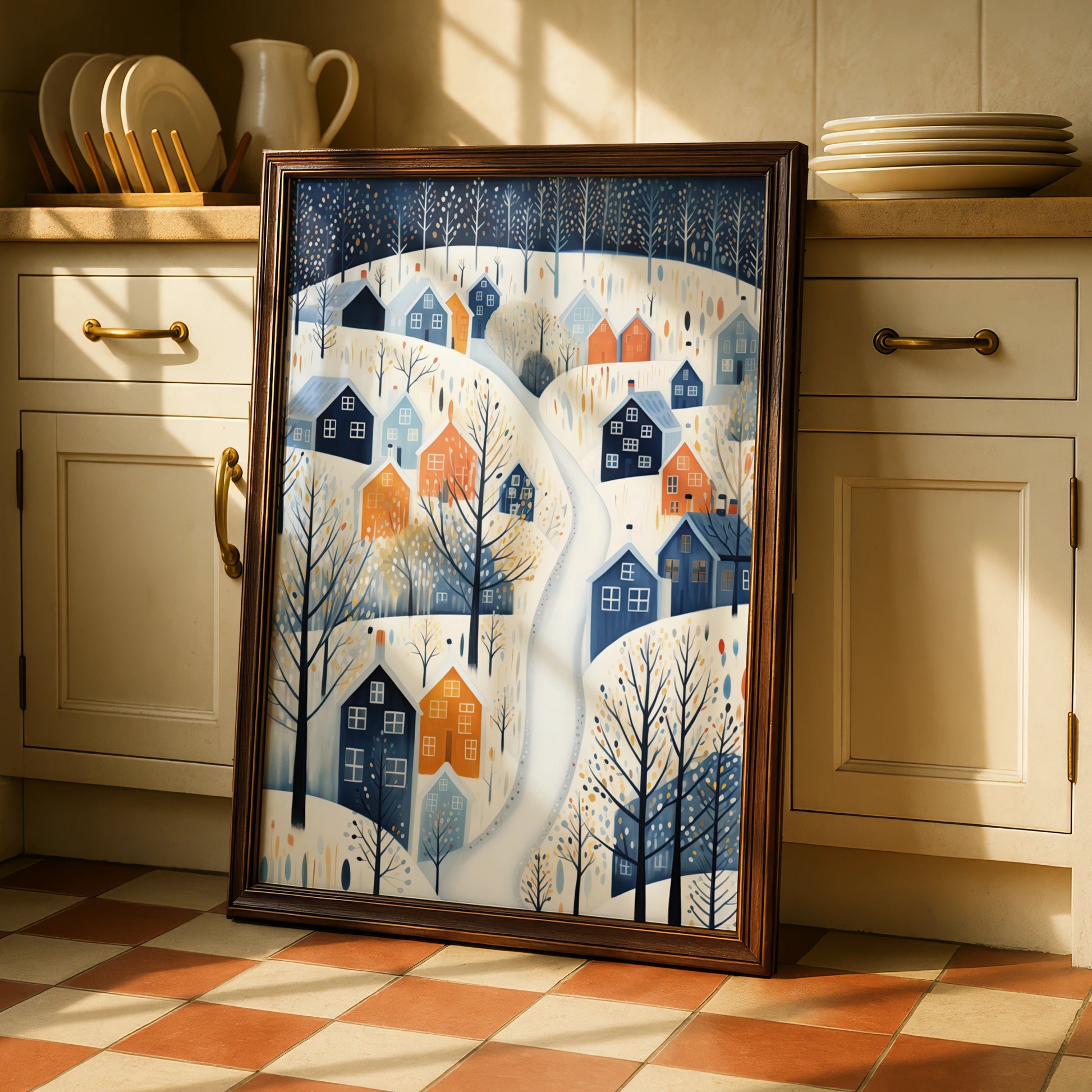 Christmas Winter Village Poster, Snowy Town Wall Art, Nordic Scandi Festive Print