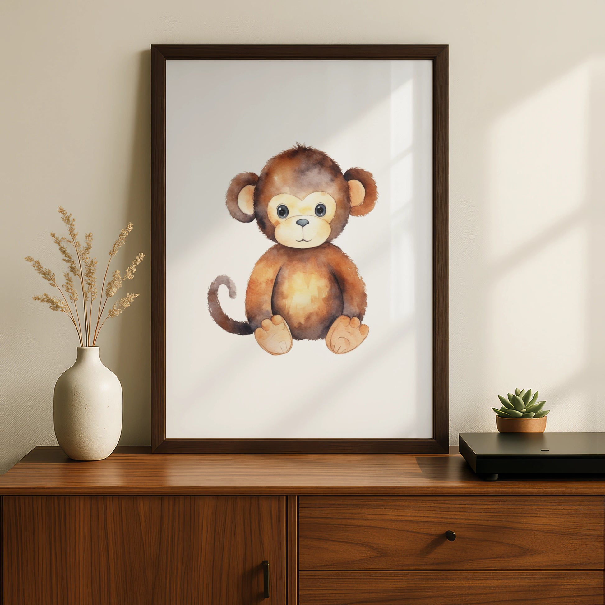 Cute Monkey Nursery Wall Art, Watercolour Baby Monkey Poster, Safari Animal Kids Room Print