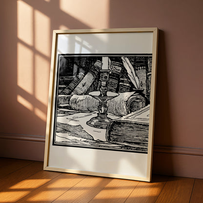 Halloween Witch Study Poster, Dark Academia Candle Books Wall Art, Gothic Black White Print