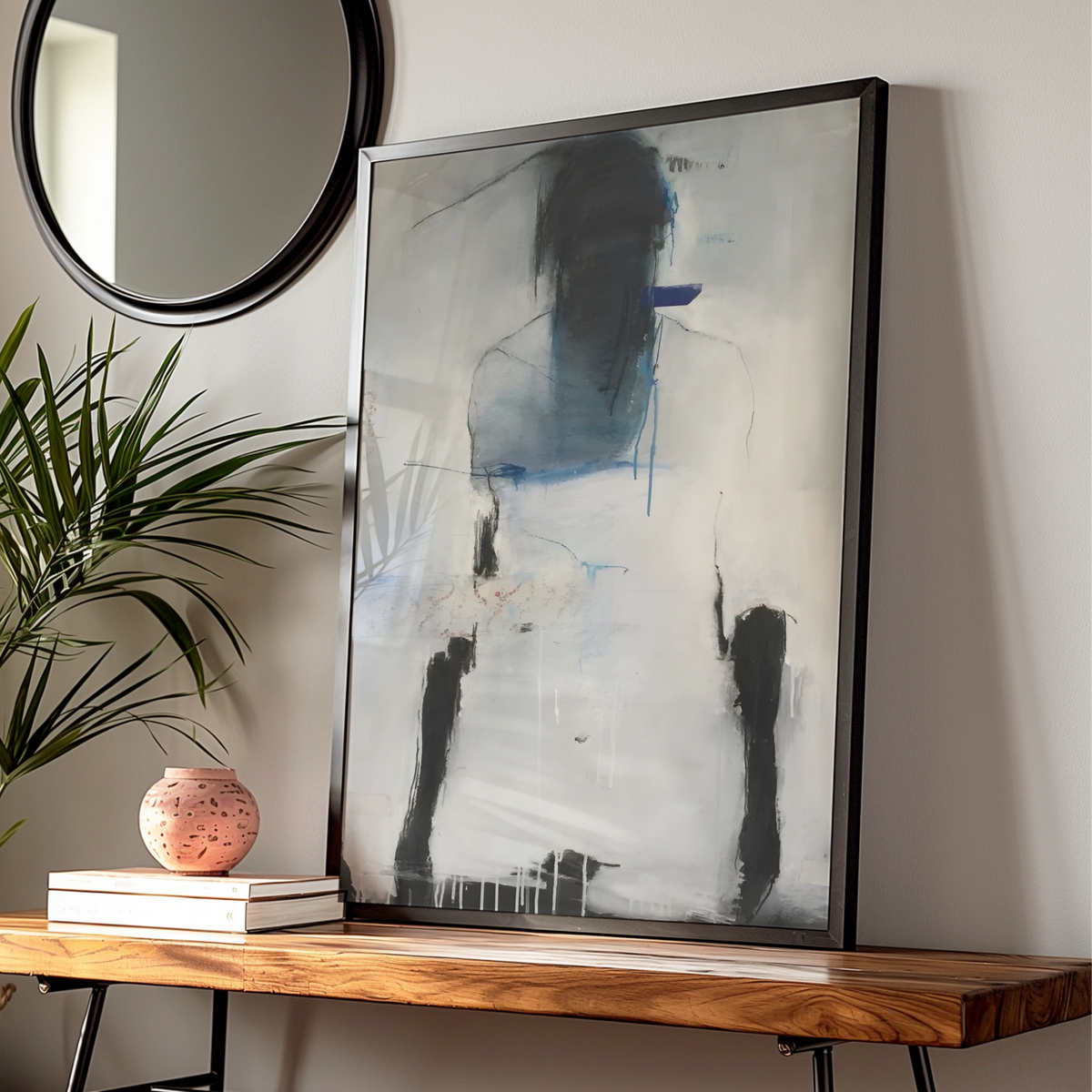 Abstract Figure Print, Monochrome Wall Art, Black White Blue Contemporary Poster, Modern Gallery — Digital Download