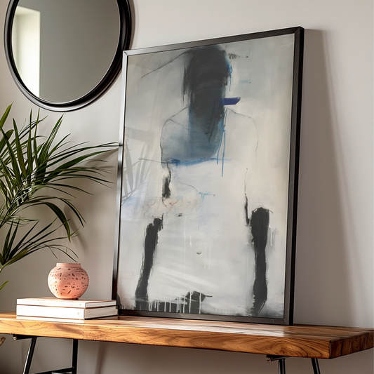 Abstract Figure Print, Monochrome Wall Art, Black White Blue Contemporary Poster, Modern Gallery