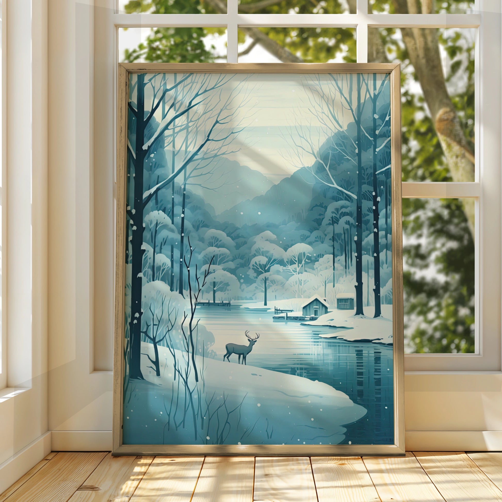 Christmas Winter Deer Poster, Snowy Forest Lake Scene, Blue Festive Wall Art Print
