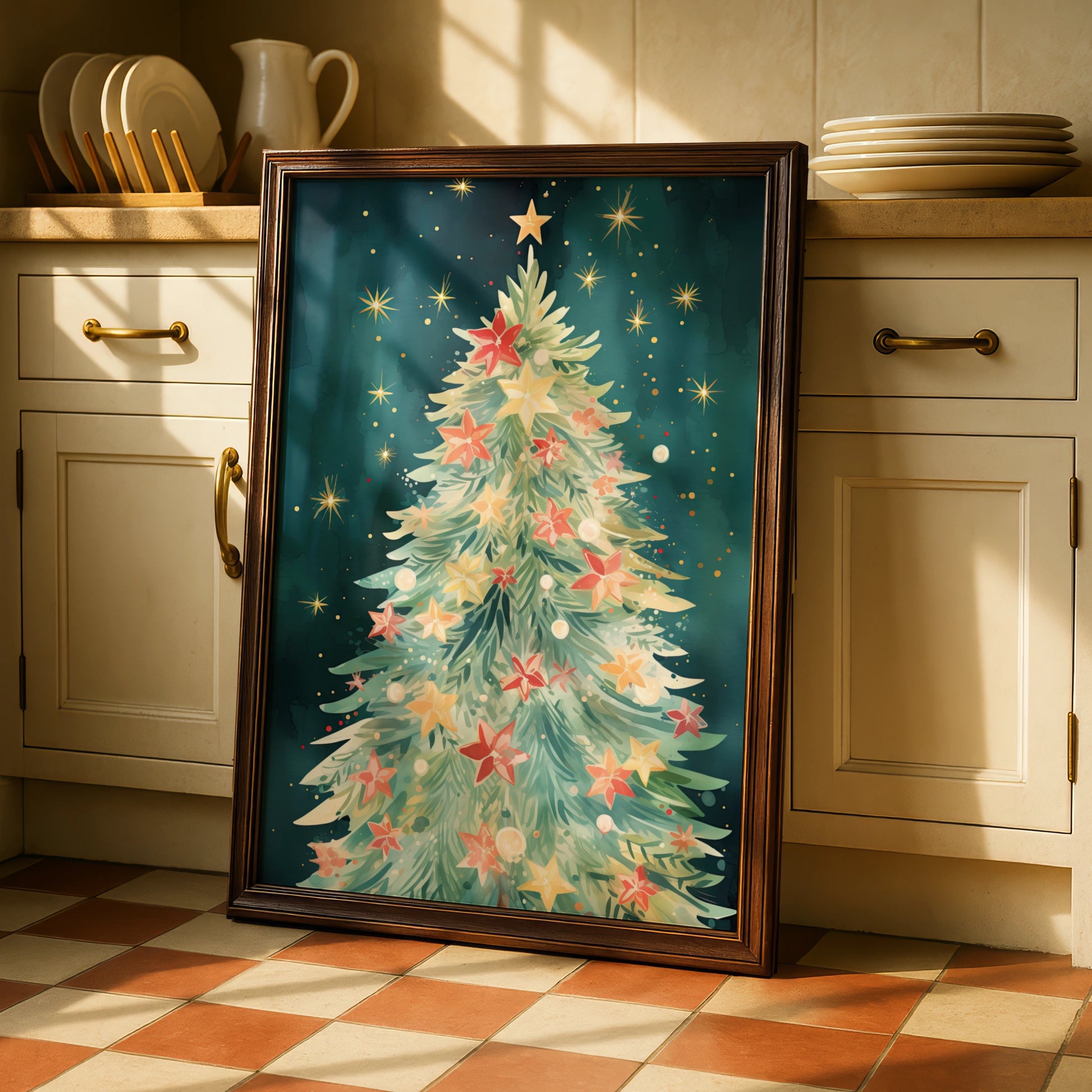 Christmas Tree Poster, Watercolour Festive Wall Art, Teal Gold Star Print, Holiday Decor