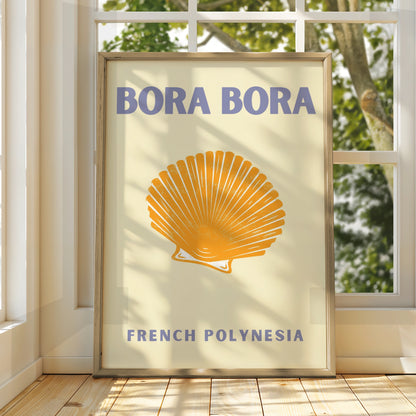 Bora Bora Travel Poster, French Polynesia Wall Art, Retro Shell Print, Coastal Decor