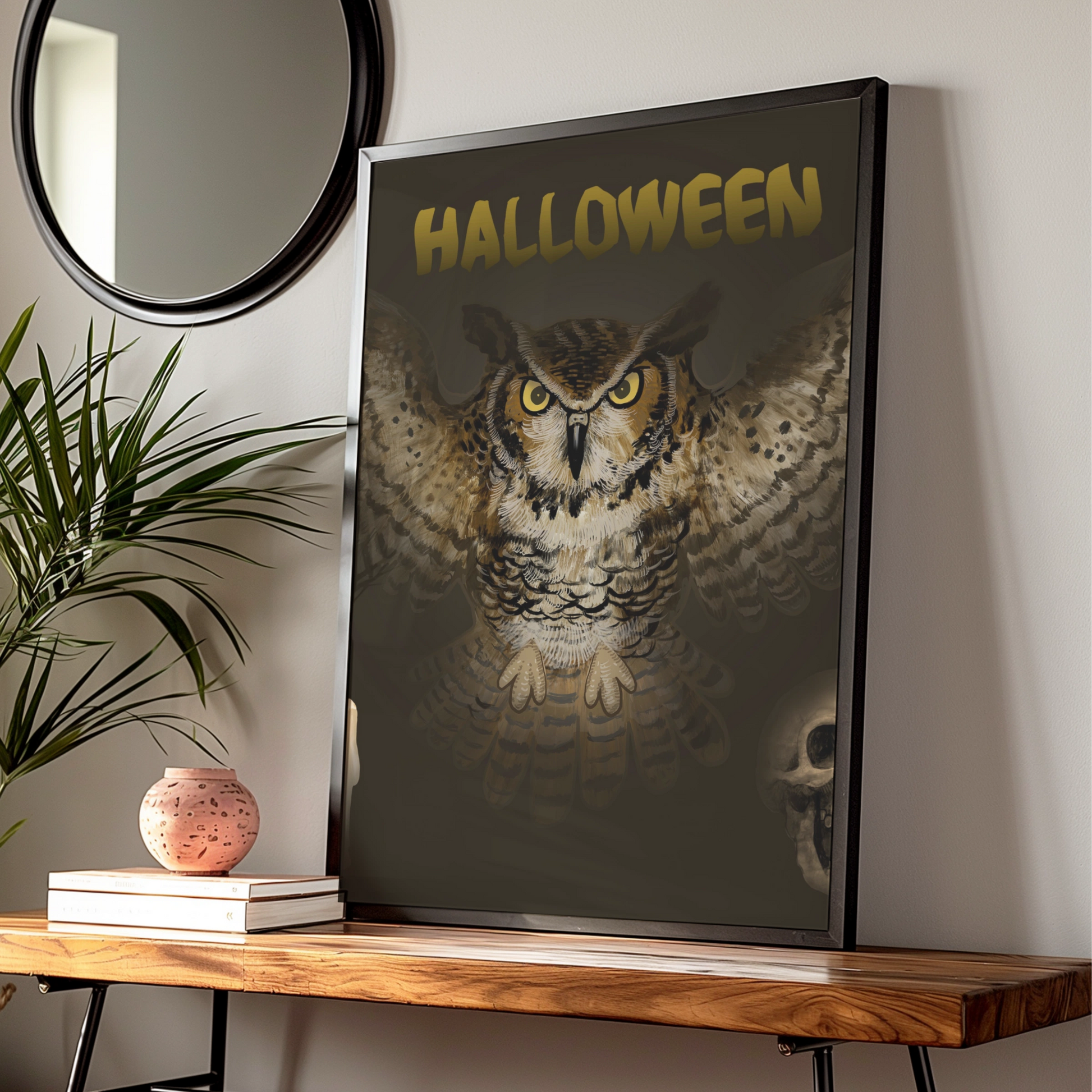 Halloween Owl Poster, Spooky Owl Wall Art, Dark Gothic Print, Skull Candle Decor
