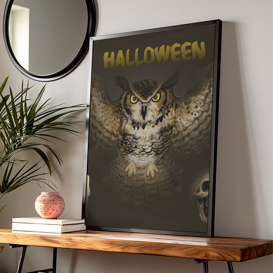 Halloween Owl Poster, Spooky Owl Wall Art, Dark Gothic Print, Skull Candle Decor