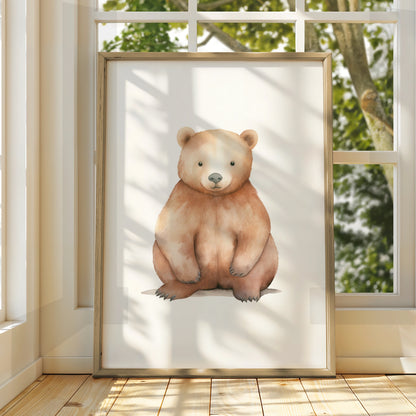 Nursery Wall Art Brown Bear Print, Watercolour Baby Bear Poster, Woodland Nursery Decor