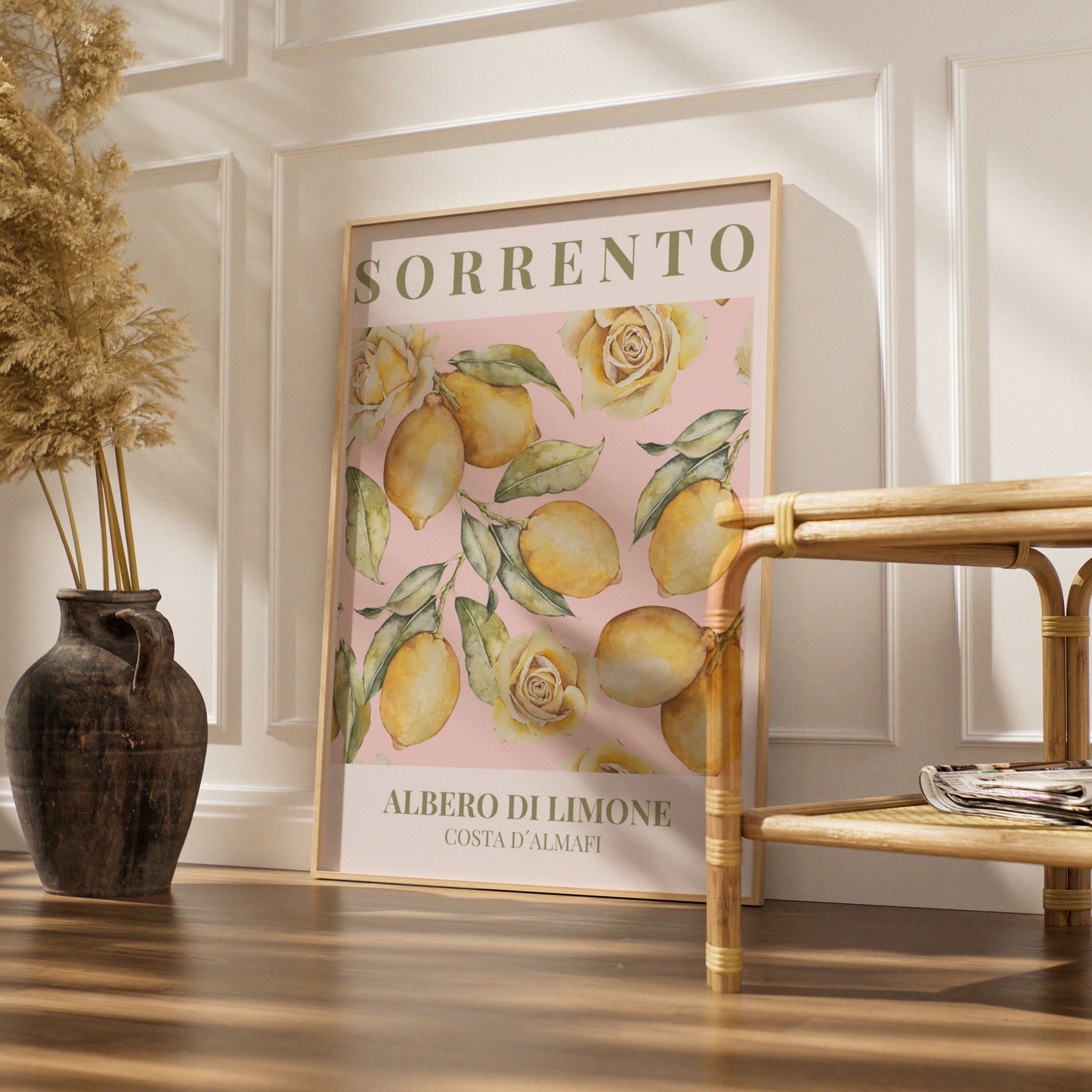 Sorrento Lemon Poster, Maximalist Italian Wall Art, Amalfi Coast Pink Floral Print