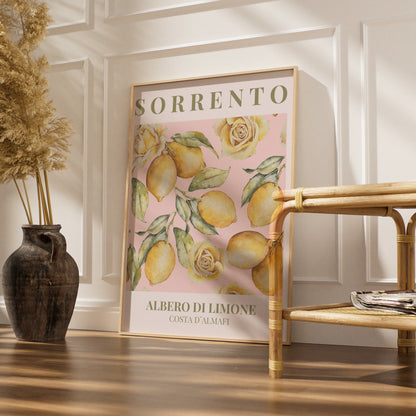 Sorrento Lemon Poster, Maximalist Italian Wall Art, Amalfi Coast Pink Floral Print