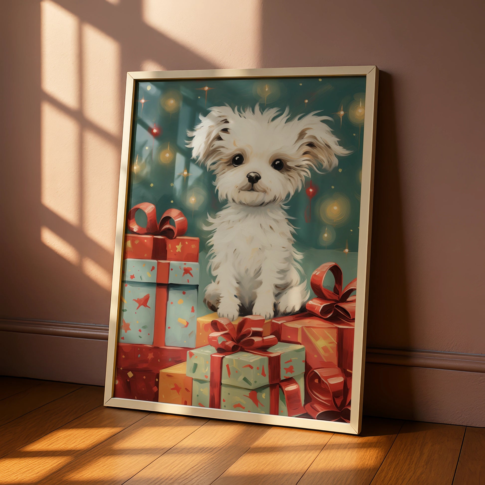 Christmas Puppy Poster, Cute White Dog with Gifts, Festive Xmas Wall Art Print