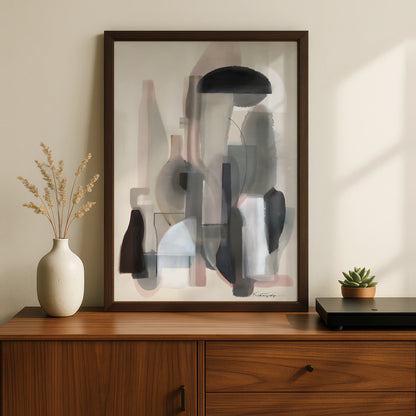 Modern Monochrome Abstract Art Print, Neutral Grey Black Shapes, Contemporary Wall Poster