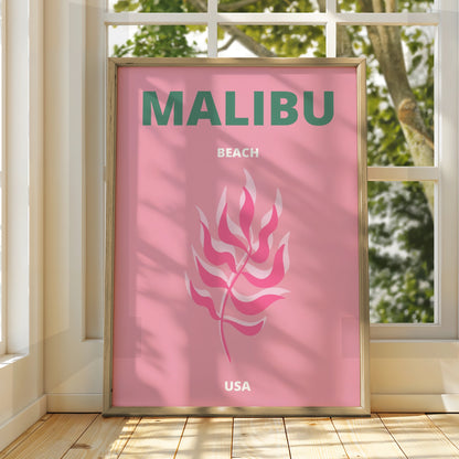 Malibu Beach Travel Poster, California USA Wall Art, Pink Retro Coastal Print