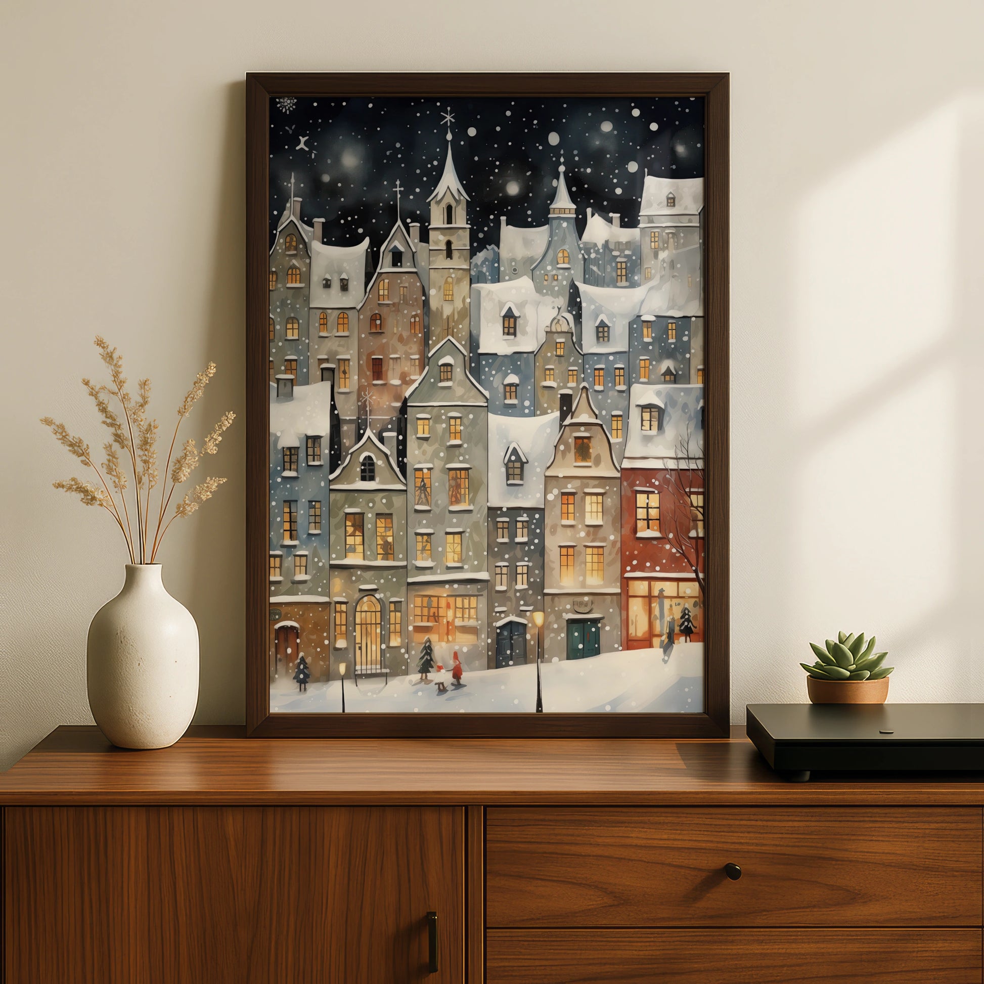 Christmas Village Poster, Snowy Winter Town Wall Art, Festive Holiday Night Scene Print