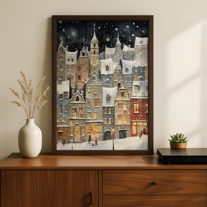 Christmas Village Poster, Snowy Winter Town Wall Art, Festive Holiday Night Scene Print