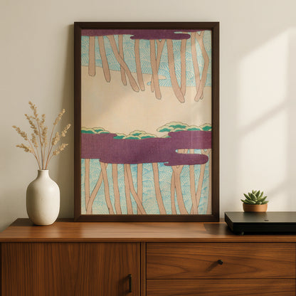 Japanese Woodblock Wall Art, Vintage Pine Tree Print, Bijutsukai 1901, Japandi Poster – A5 Black frame