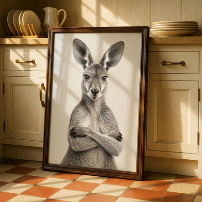 Kangaroo Portrait Print, Arms Crossed Australian Wall Art, Black White Animal Poster