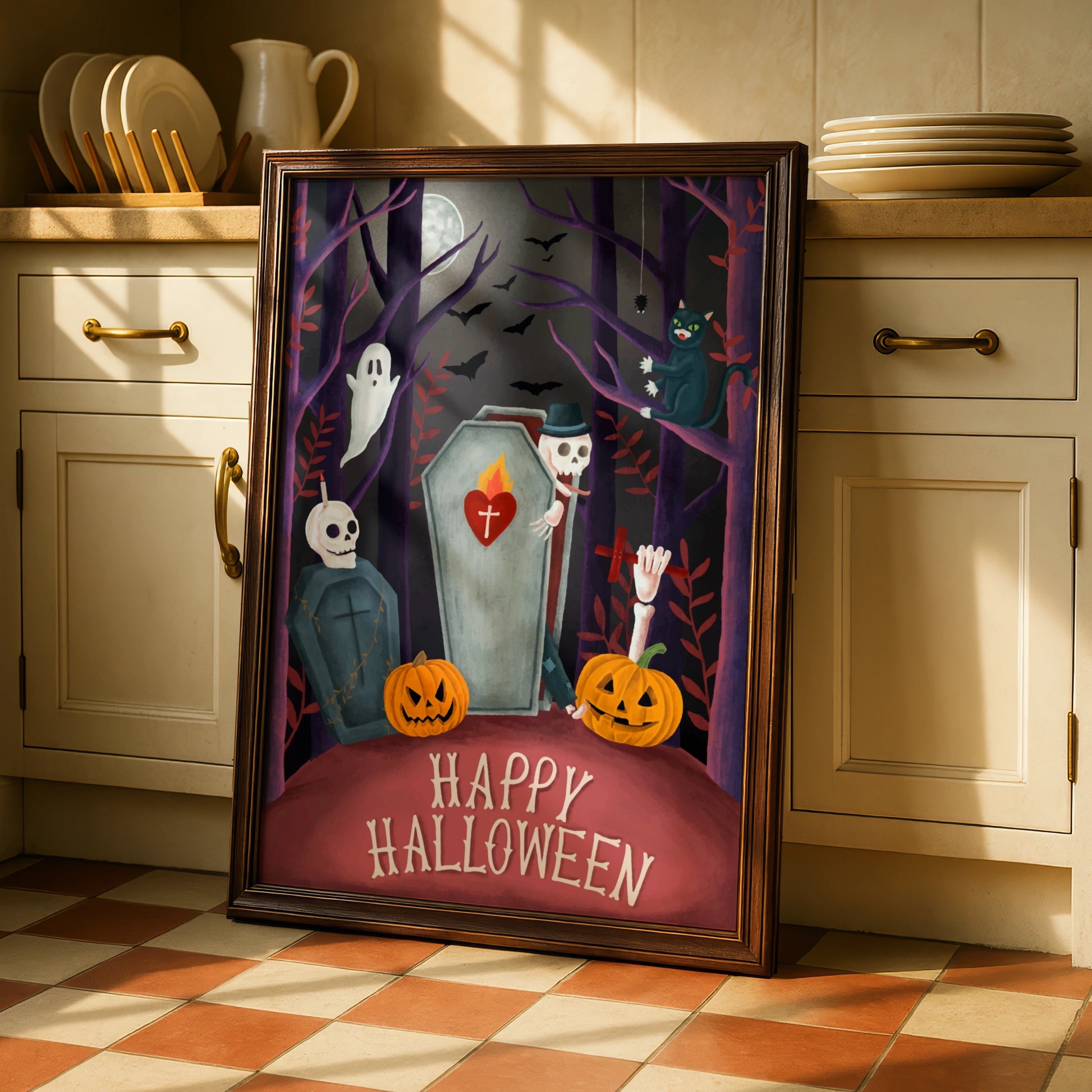 Happy Halloween Poster, Spooky Graveyard Wall Art, Ghost Skeleton Pumpkin Print, Gothic Decor