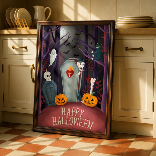 Happy Halloween Poster, Spooky Graveyard Wall Art, Ghost Skeleton Pumpkin Print, Gothic Decor