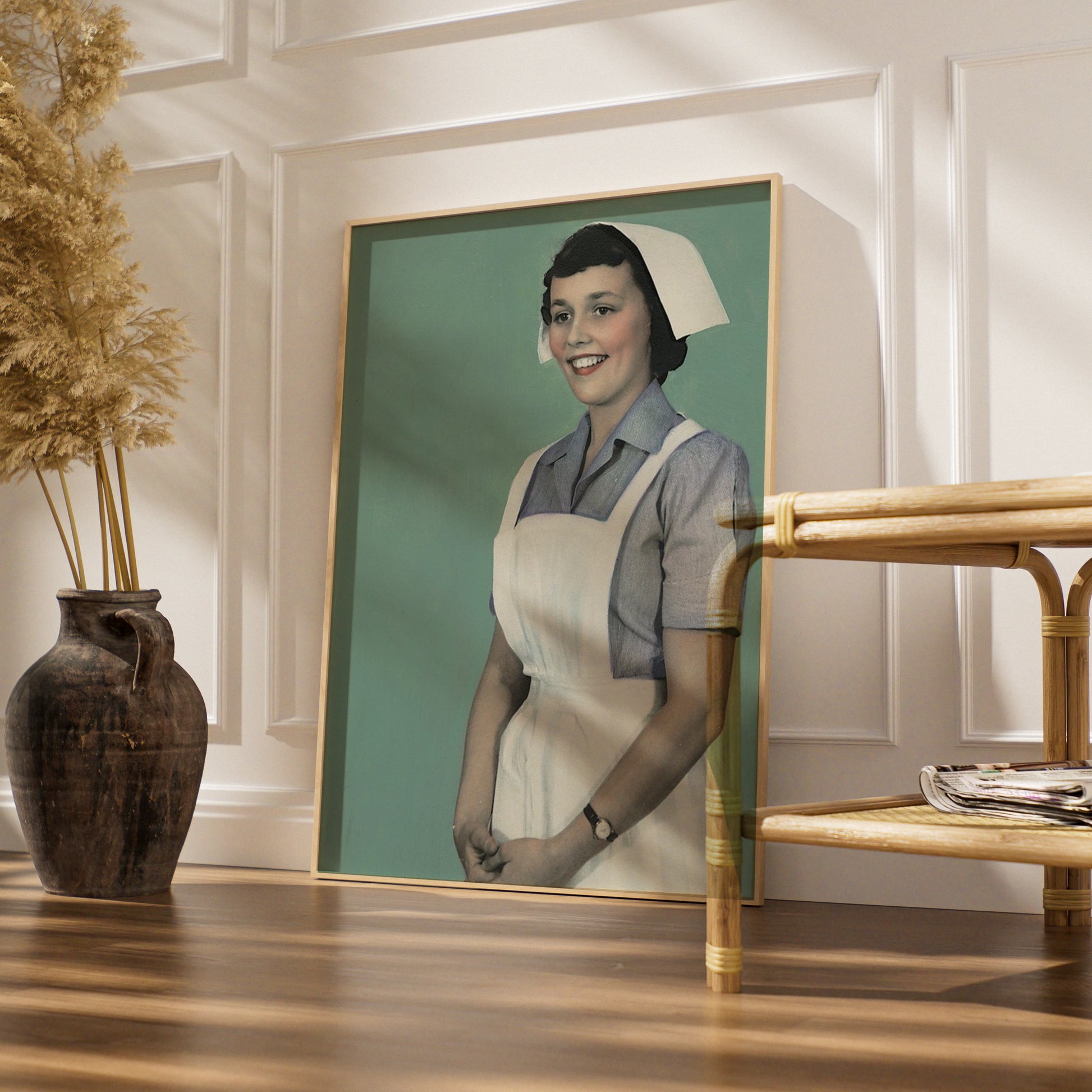 Vintage Nurse Portrait Poster, Retro Halloween Costume Wall Art, 1950s Teal Print