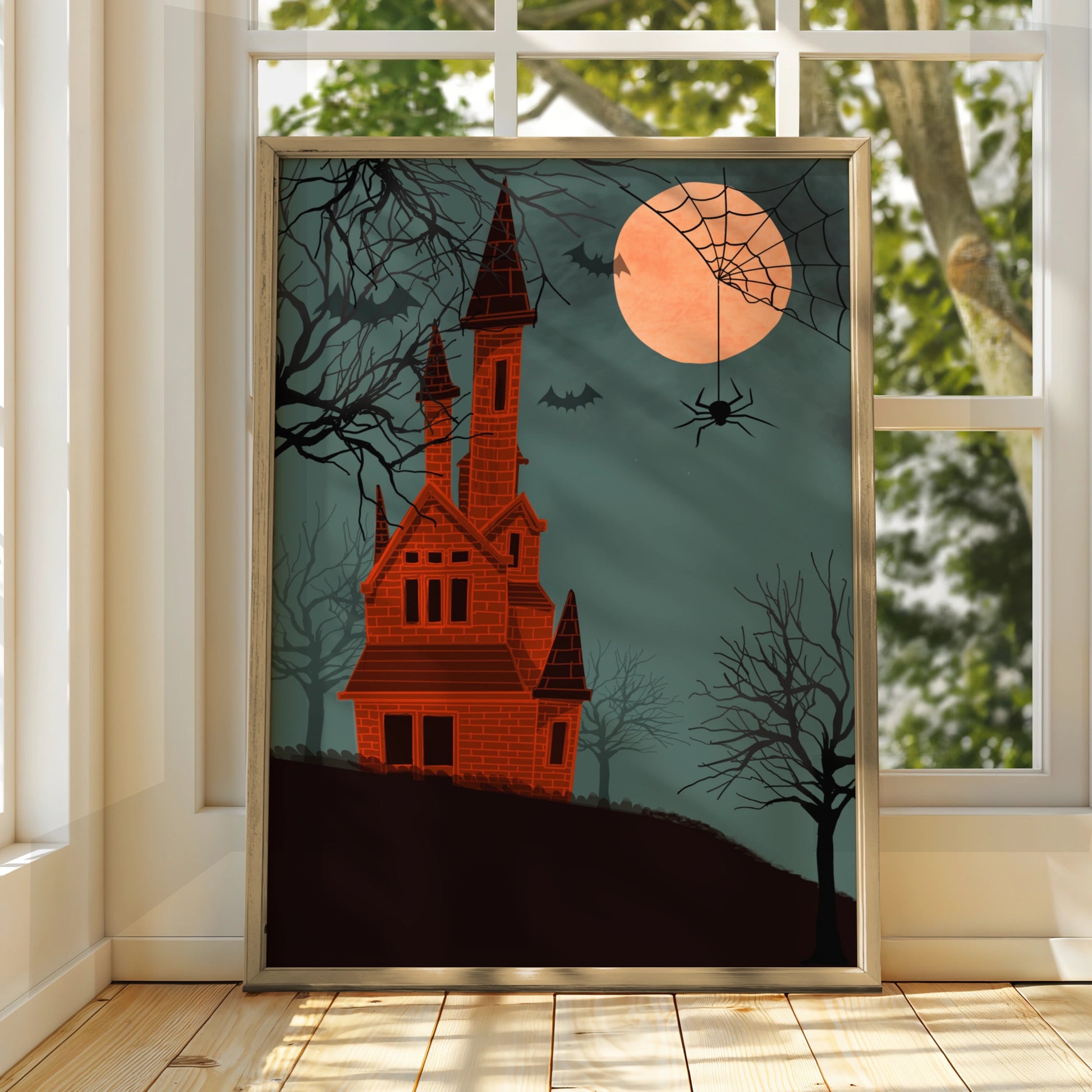 Halloween Haunted House Poster, Spooky Castle Full Moon Wall Art, Bats Spider Print
