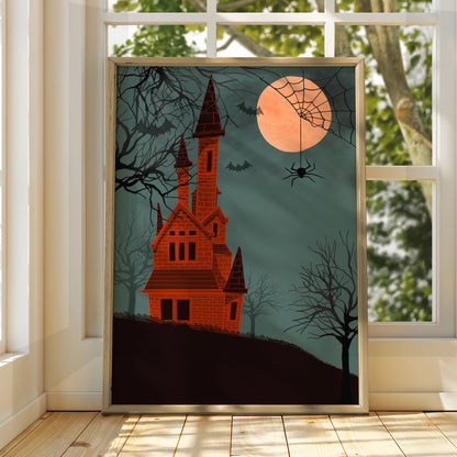 Halloween Haunted House Poster, Spooky Castle Full Moon Wall Art, Bats Spider Print
