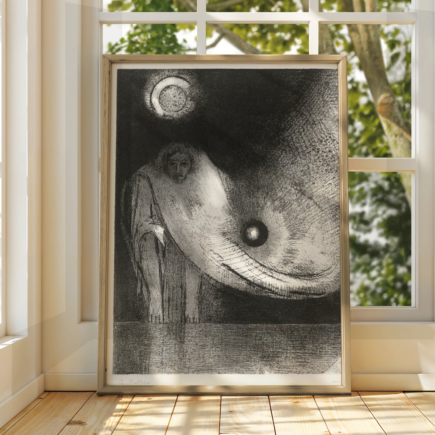 Dark Occult Figure Halloween Art Print, Gothic Surreal Moon Poster, Black White Wall Art
