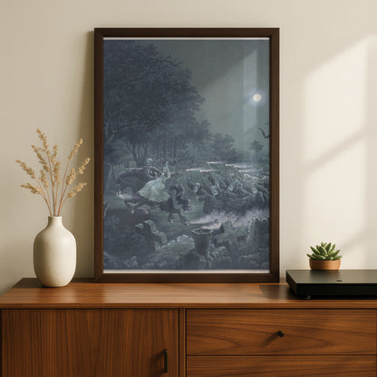 Halloween Skeleton Graveyard Poster, Gothic Horror Wall Art, Moonlit Bats Spooky Print