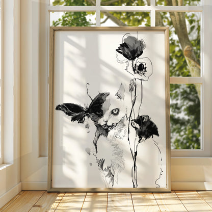 Cat Butterfly Floral Monochrome Wall Art, Black and White Poster, Minimalist Print