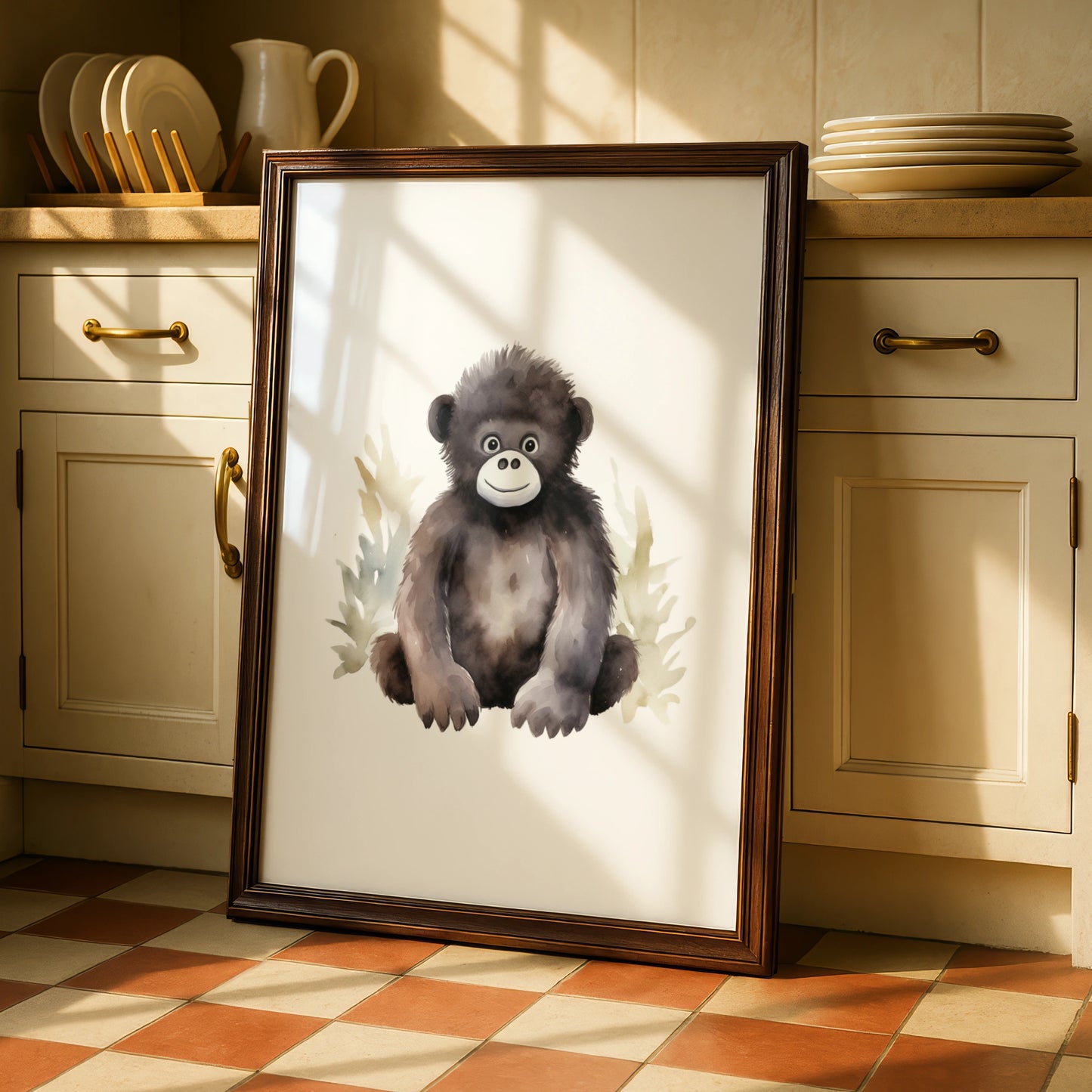Baby Gorilla Nursery Wall Art, Cute Watercolour Animal Print, Kids Room Poster