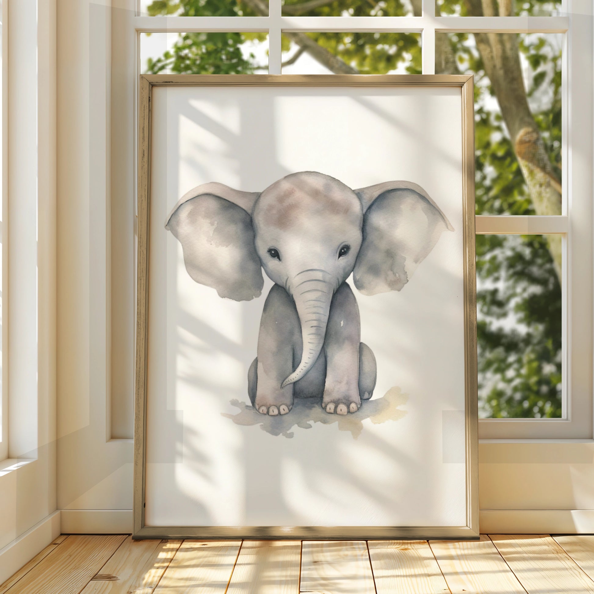 Baby Elephant Nursery Wall Art, Watercolour Animal Print, Grey Kids Room Poster