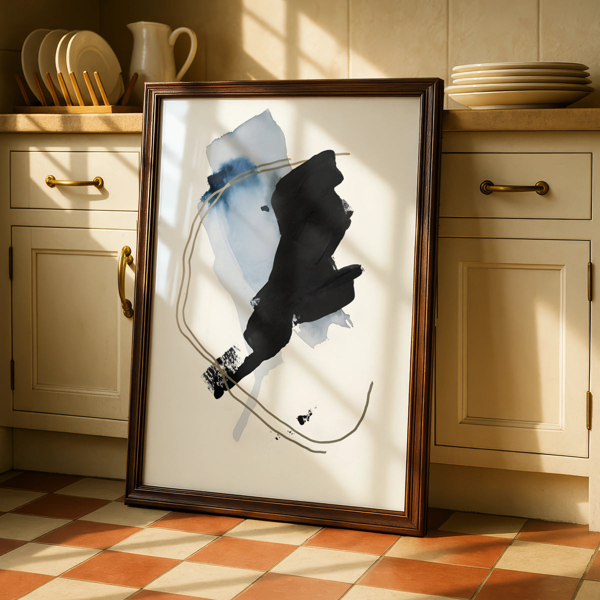 Abstract Monochrome Wall Art, Black Blue Gold Brush Stroke Print, Modern Poster