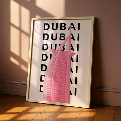 Dubai Travel Poster, UAE City Wall Art, Pink Retro Print, Modern Architecture Decor