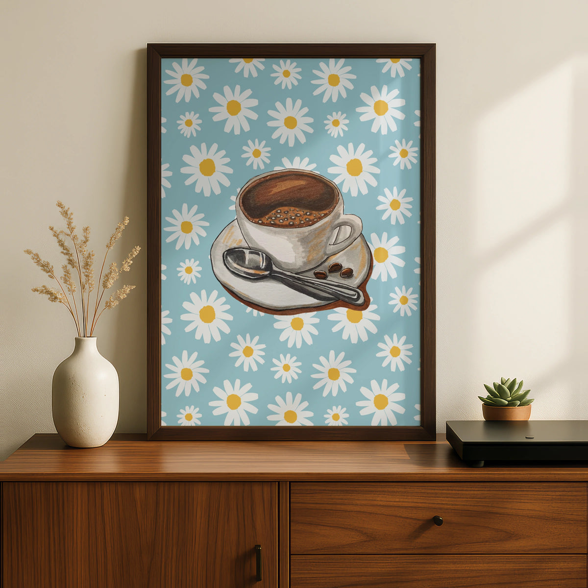 Maximalist Coffee Cup Daisy Poster, Retro Floral Kitchen Wall Art, Blue Espresso Print