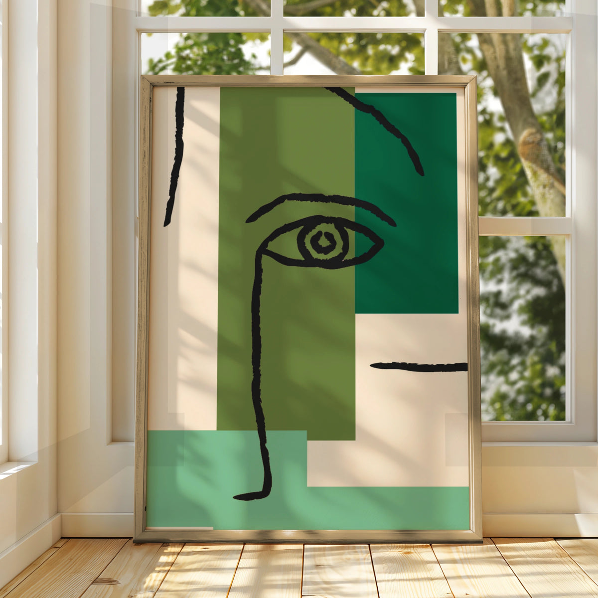Maximalist Abstract Face Poster, Green Geometric Eye Wall Art, Modern Bold Print