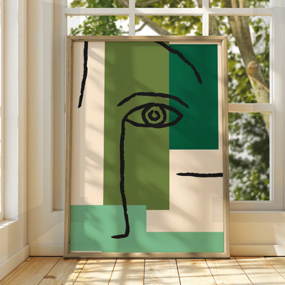 Maximalist Abstract Face Poster, Green Geometric Eye Wall Art, Modern Bold Print